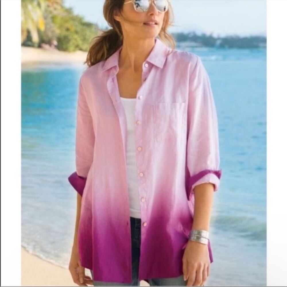 Soft Surroundings Sz L Orchid Petal Ocean Ombre 100% Linen Button Up Tunic
